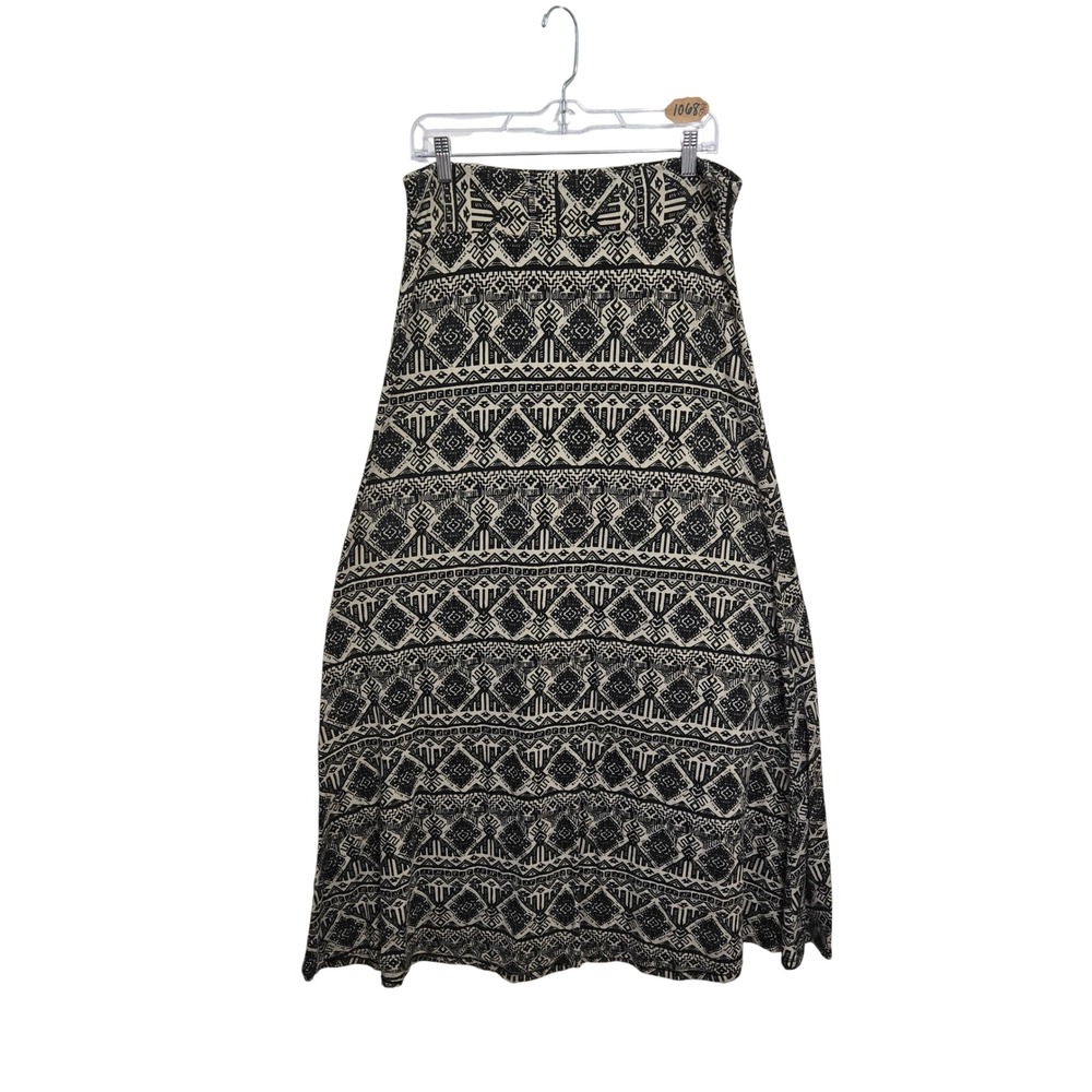 Roz & Ali Womens Black White Geometric Tribal Print Jersey Knit Maxi Skirt M
